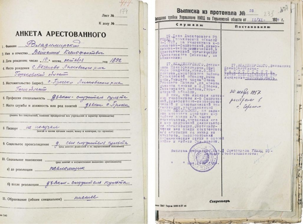 Документы из следственного дела диакона Вениамина Владимирского (1892-1937)