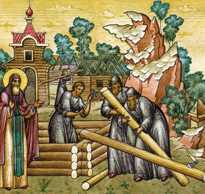 Святой Дионисий благословляет строительство Печерского монастыря